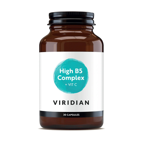 Brown supplement bottle labeled 'High B5 Complex + Vit C' by Viridian on a white background