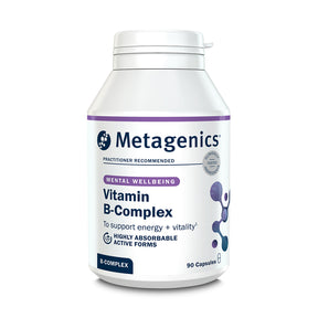 Metagenics Vitamin B-Complex supplement bottle for mental wellbeing, energy, and vitality support, 90 capsules.