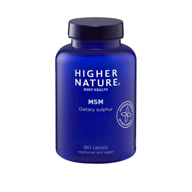 Blue bottle of Higher Nature MSM Powder on a light gray background
