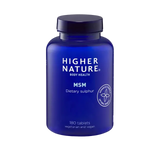 Blue bottle of Higher Nature MSM Powder on a light gray background