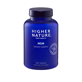 Blue bottle of Higher Nature MSM Powder on a light gray background