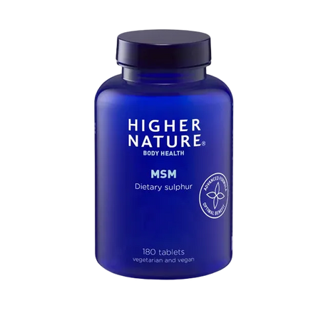 Blue bottle of Higher Nature MSM Powder on a light gray background