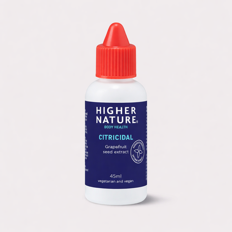 Higher Nature Citricidal liquid grapefruit seed extract 45ml for immune and digestive support natural antimicrobial drops.