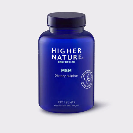 Higher Nature MSM dietary sulphur, 180 vegetarian and vegan tablets.