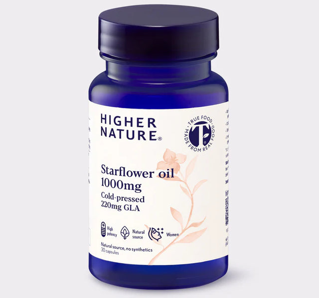 Higher Nature 1000mg Starflower Oil, 30 cold-pressed GLA capsules.