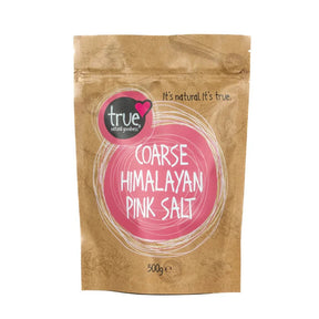 A 500g brown paper pouch of True Coarse Himalayan Pink Salt with a pink circular label and white line art.