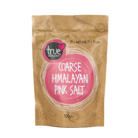 A 500g brown paper pouch of True Coarse Himalayan Pink Salt with a pink circular label and white line art.