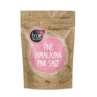 A 500g brown paper pouch of True Fine Himalayan Pink Salt with a pink circular label and white line art.
