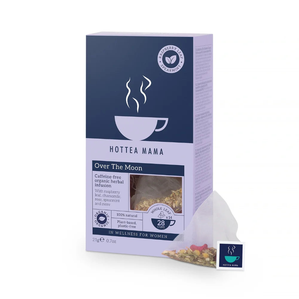 HotTea Mama Over The Moon organic raspberry leaf and spearmint tea bag box.