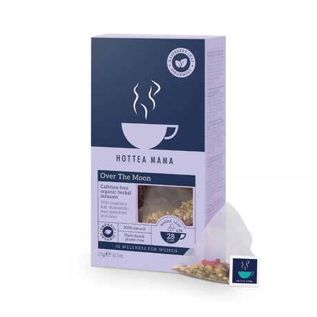 HotTea Mama Over The Moon organic raspberry leaf and spearmint tea bag box.