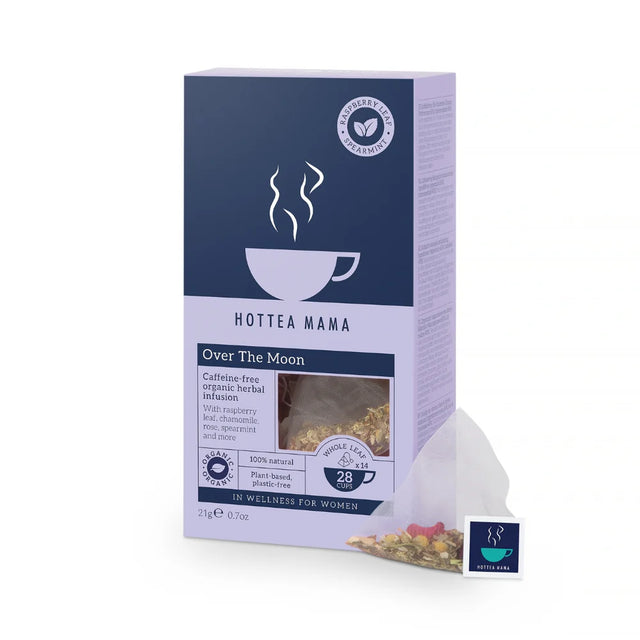HotTea Mama Over The Moon organic raspberry leaf and spearmint tea bag box.
