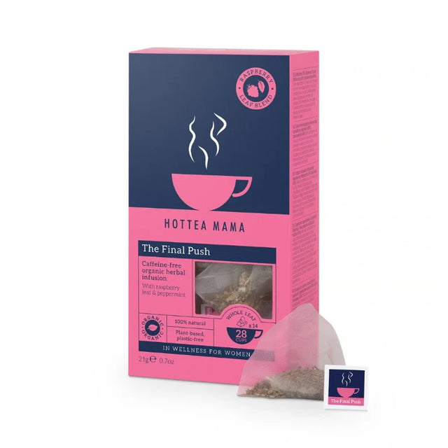 HotTea Mama The Final Push organic raspberry leaf and peppermint tea bag box.