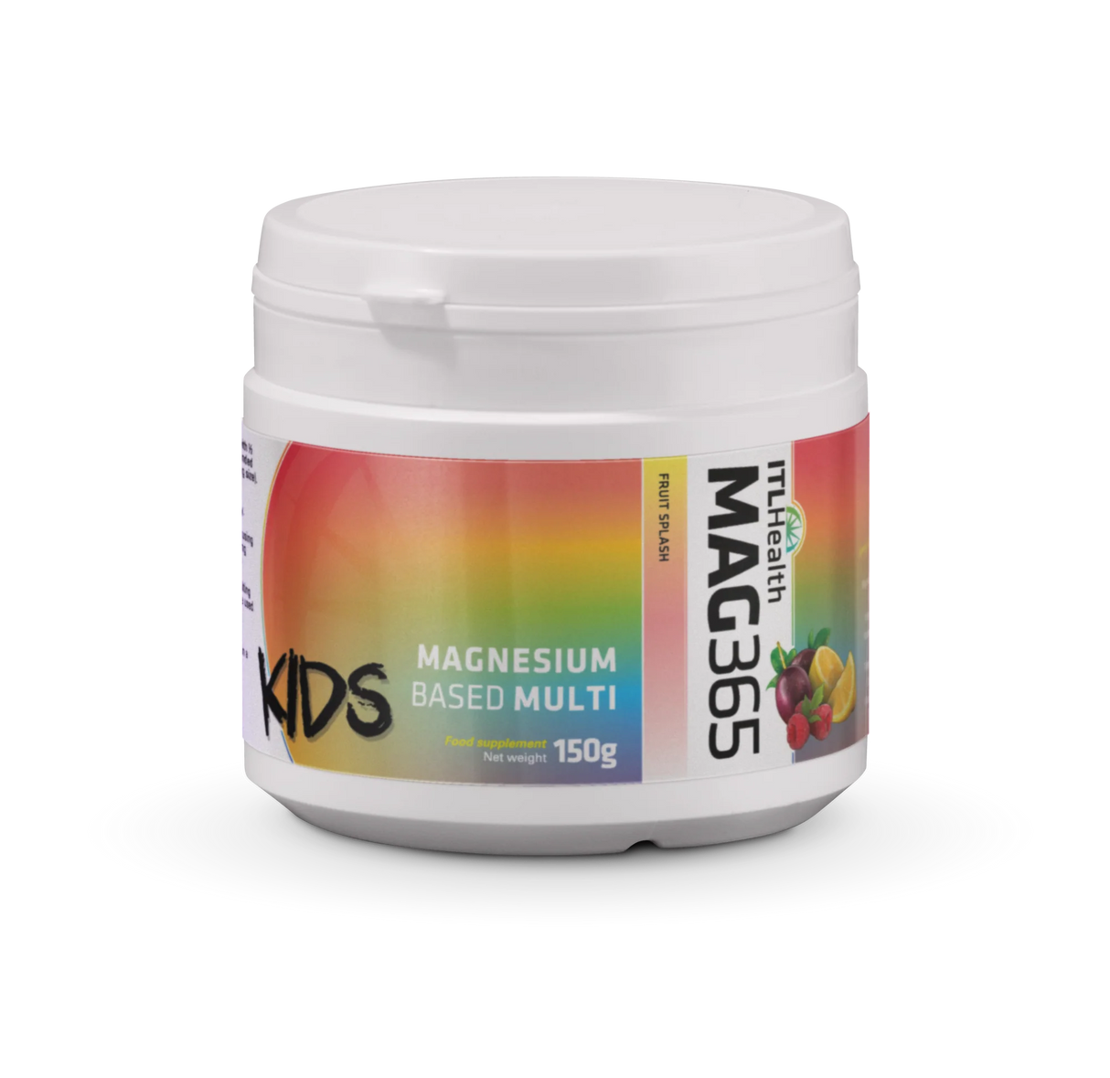 ITL Health MAG365 Kids Fruit Splash ionic magnesium citrate powder for children's growth, bone health, and immune support.