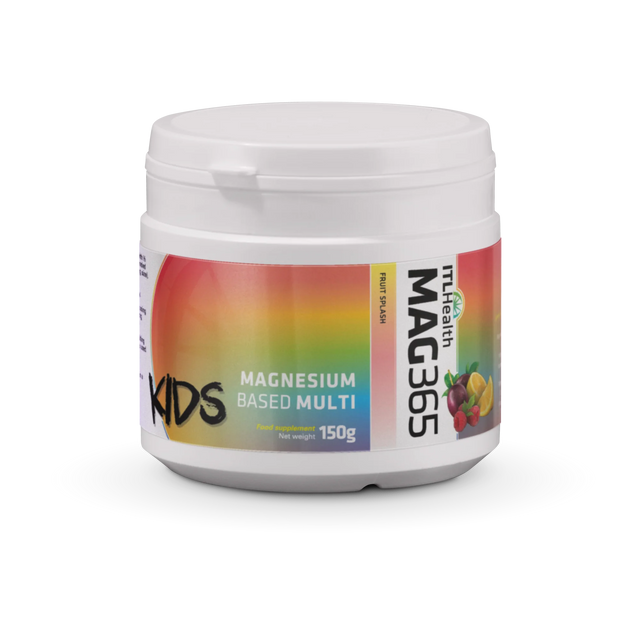 ITL Health MAG365 Kids Fruit Splash ionic magnesium citrate powder for children's growth, bone health, and immune support.