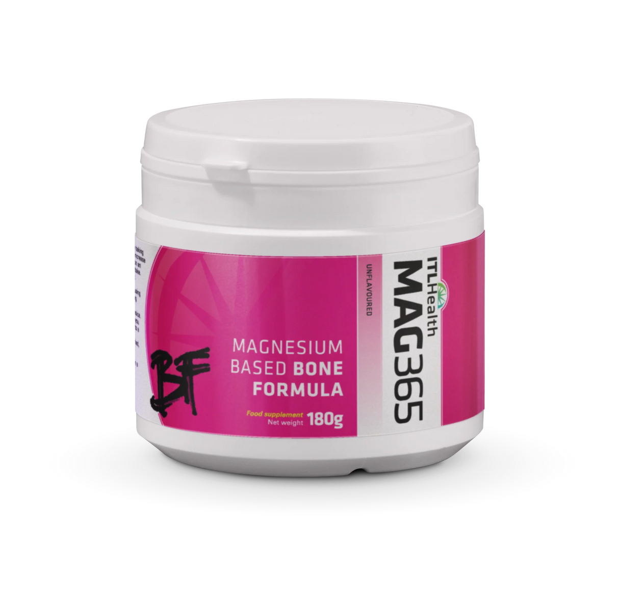 MAG365 BF Bone Formula ionic magnesium powder with zinc and vitamins for bone health, immune support, and stress relief.