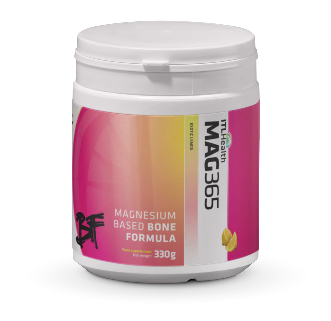 MAG365 BF Bone Formula ionic magnesium powder with zinc and vitamins for bone health, immune support, and stress relief.