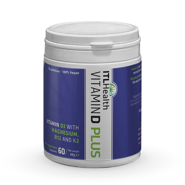 vITaL Vitamin D Plus capsules with Magnesium, B12, and K2 for immune support, fatigue reduction, and bone health.