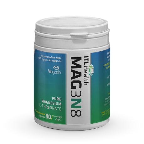 ITL Health MAG3N8 capsules with Pure Magnesium L-Threonate for brain fog, cognitive clarity, and immune support.
