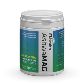 AshwaMAG magnesium bisglycinate and ashwagandha capsules for stress relief, anxiety, and restful sleep.