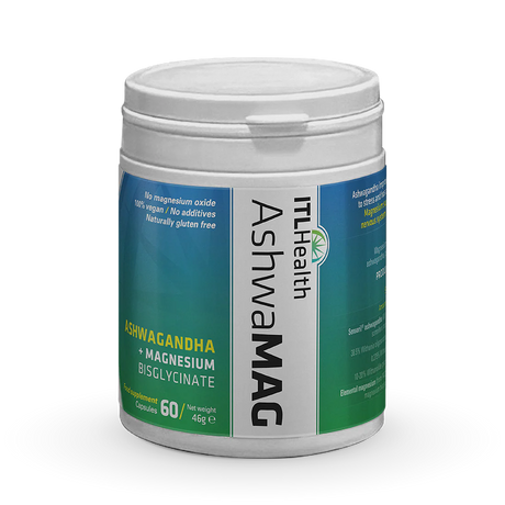 AshwaMAG magnesium bisglycinate and ashwagandha capsules for stress relief, anxiety, and restful sleep.