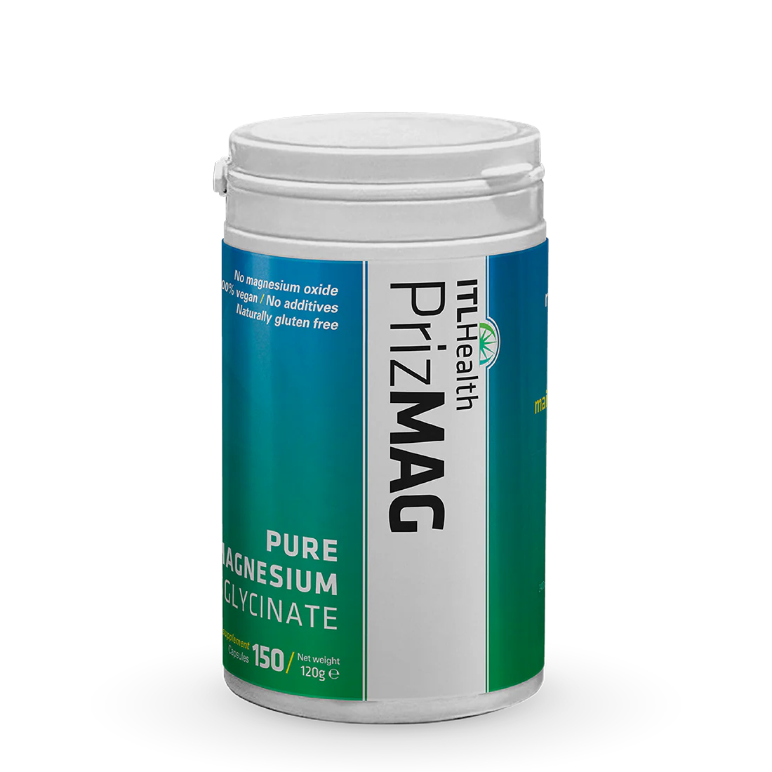 PrizMAG pure magnesium bisglycinate capsules for sleep, relaxation, muscle function and energy support with high absorption formula.