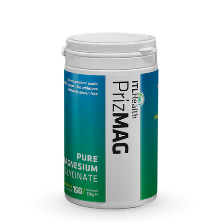 PrizMAG pure magnesium bisglycinate capsules for sleep, relaxation, muscle function and energy support with high absorption formula.