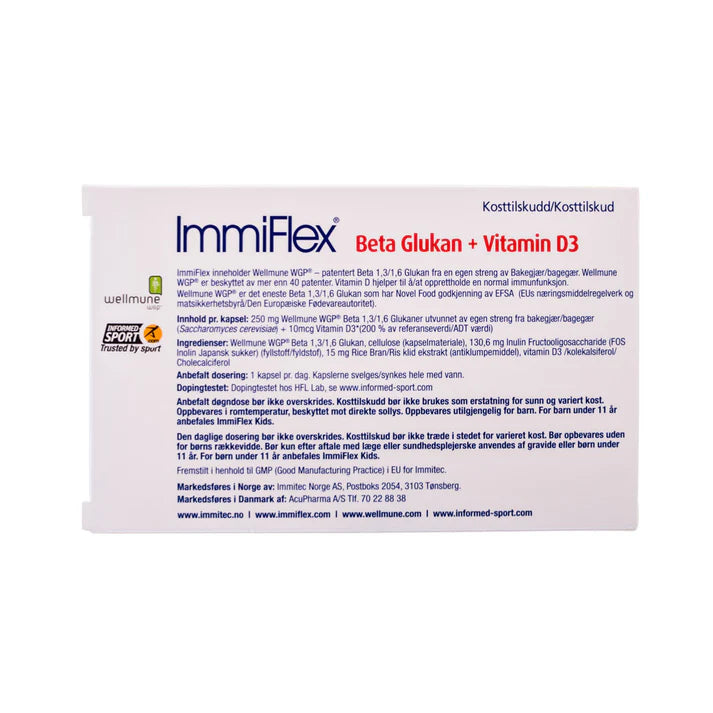 Back of ImmiFlex Beta Glukan and Vitamin D3 packaging.