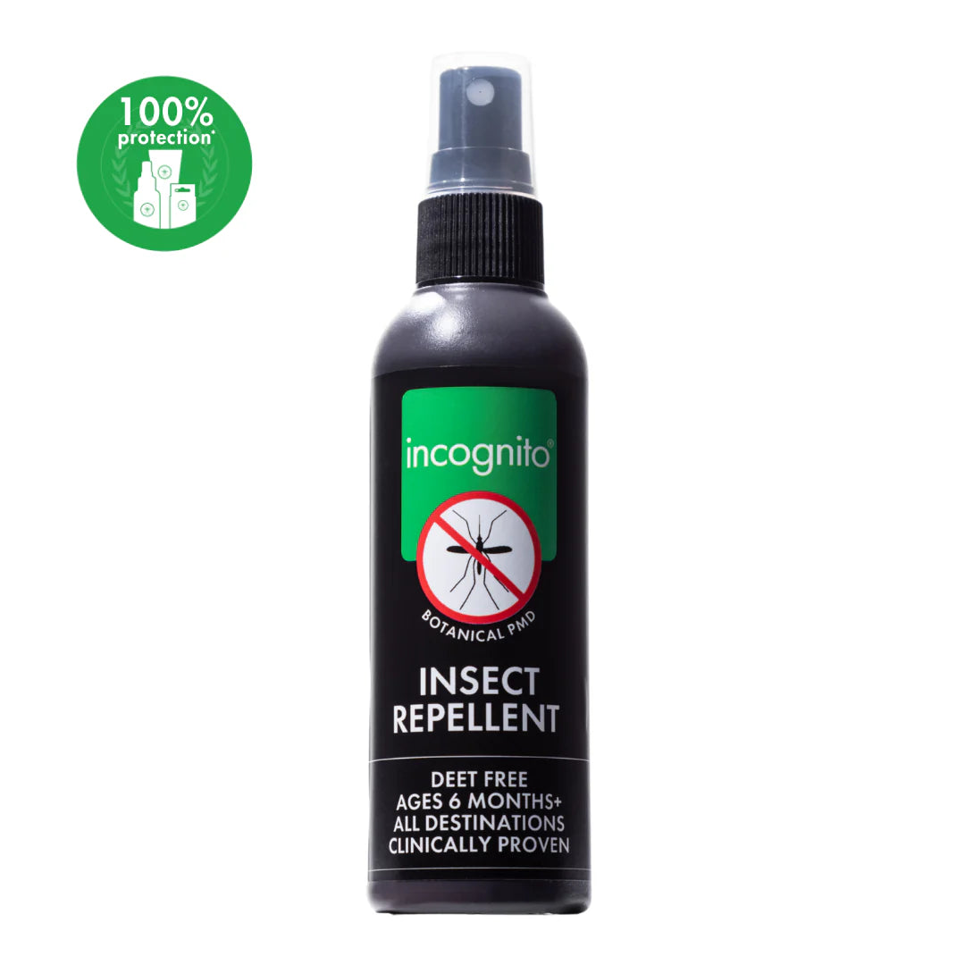 Insect repellent spray bottle with 'incognito' branding on a white background