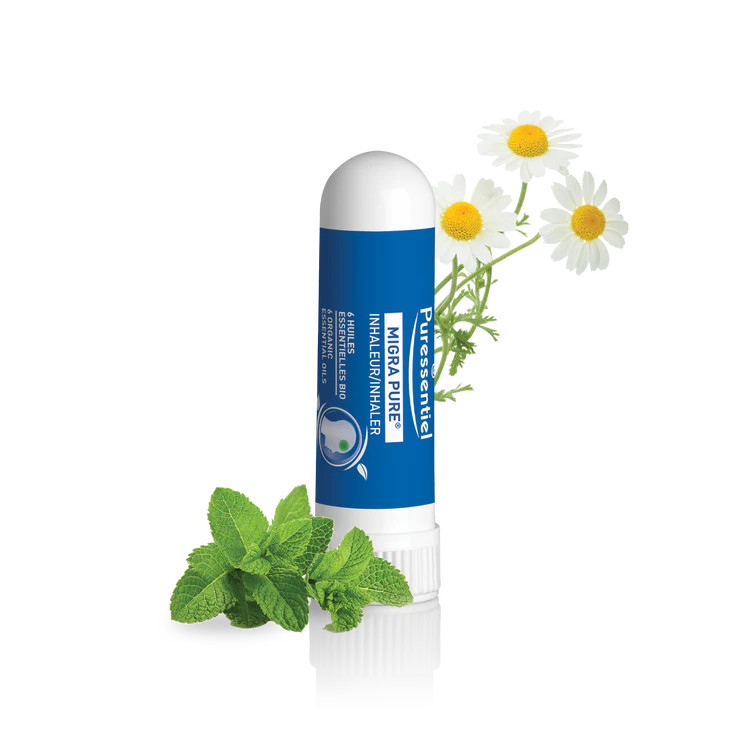 A Puressentiel "Migra Pure" inhaler, which contains 6 organic essential oils.
