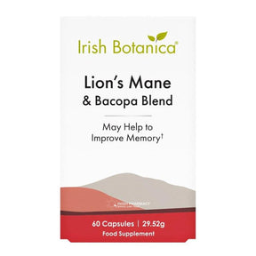 Irish Botanica Lion’s Mane and Bacopa capsules for memory and focus 60 pack natural nootropic brain health supplement.