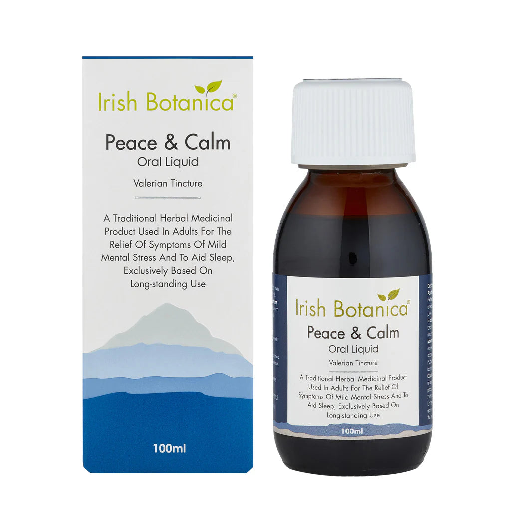 Irish Botanica Peace & Calm 100ml Valerian Tincture herbal oral liquid and box.