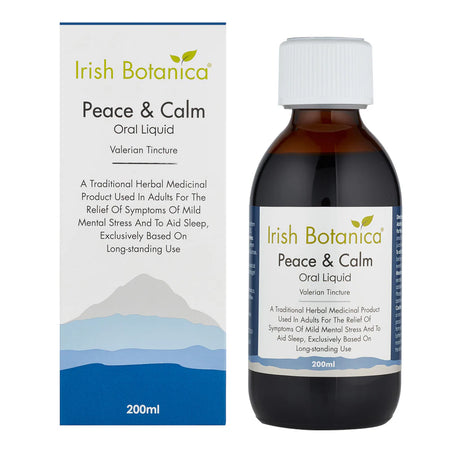 Irish Botanica Peace & Calm 200ml Valerian Tincture oral liquid and packaging.