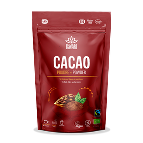 Iswari Organic Cacao Powder in a red resealable stand-up pouch.