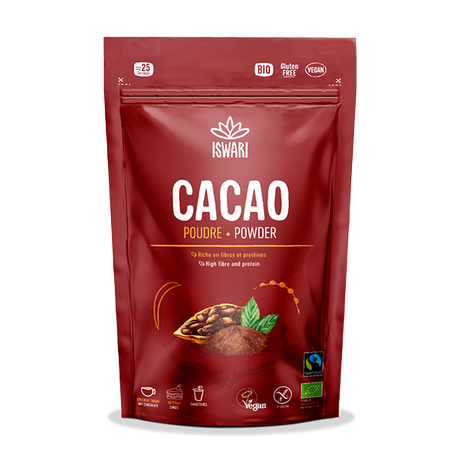 Iswari Organic Cacao Powder in a red resealable stand-up pouch.