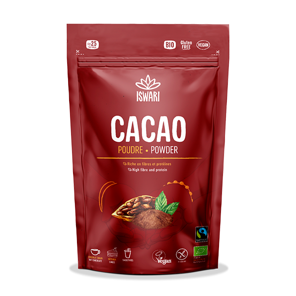 Iswari Organic Cacao Powder in a red resealable stand-up pouch.