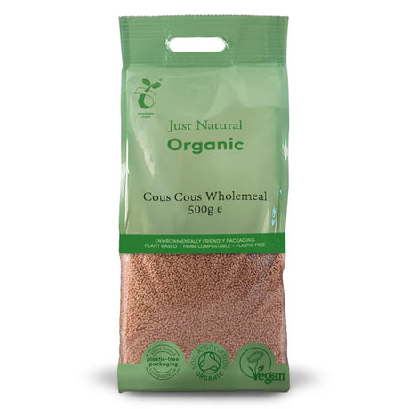 Just Natural Organic Wholemeal Cous Cous, 500g, packaged in environmentally friendly, home-compostable, and plastic-free packaging.