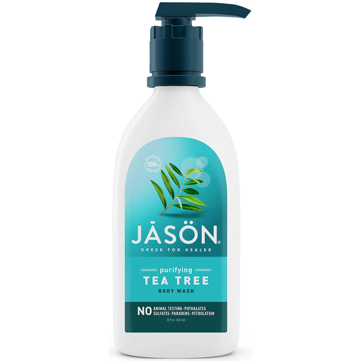 A 30 fl oz (887 ml) Jason bottle of Purifying Tea Tree Body Wash with a dark teal pump dispenser.