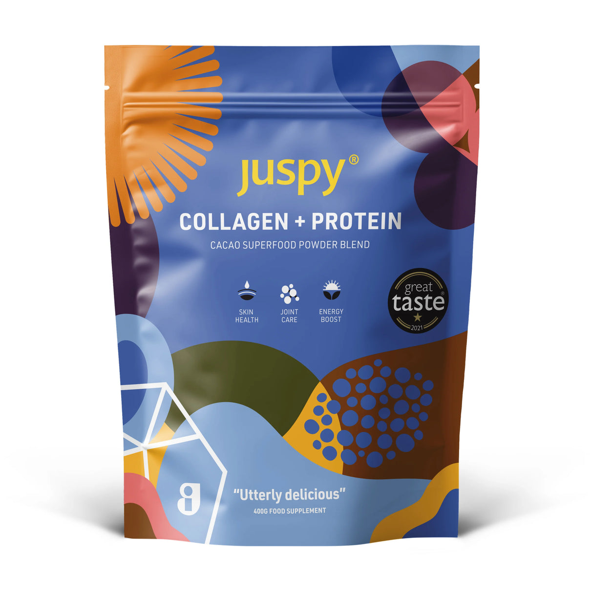 Juspy Collagen and Protein Cacao Superfood Powder Blend 400g pouch.