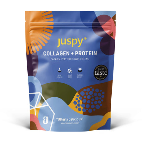 Juspy Collagen and Protein Cacao Superfood Powder Blend 400g pouch.