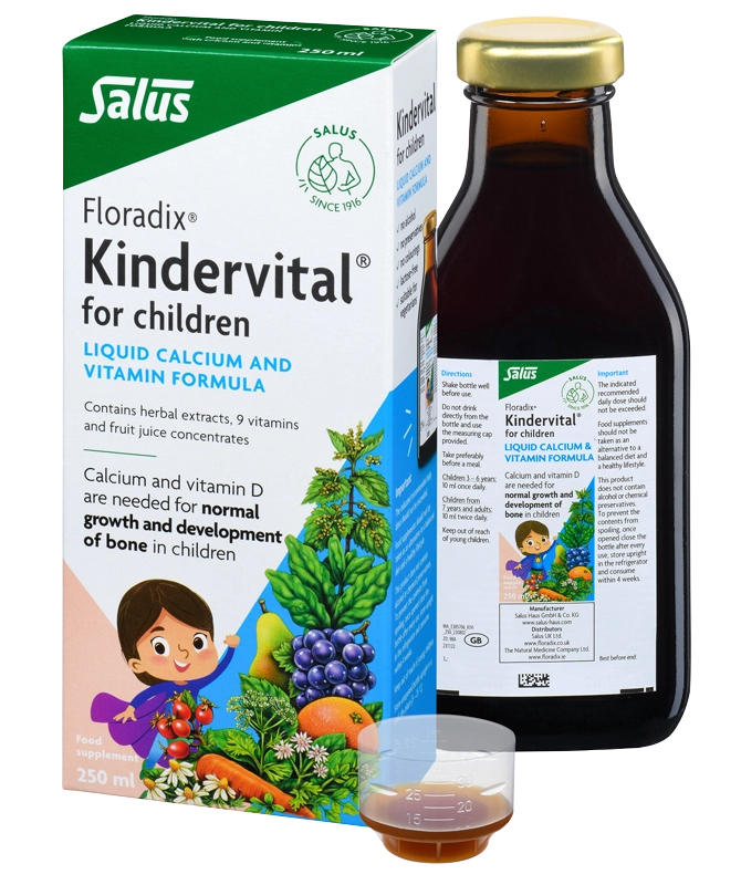 Floradix Kindervital for Children liquid multivitamin with Calcium and Vitamin D for healthy bone growth and immune support.