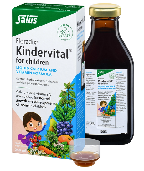 Floradix Kindervital for Children liquid multivitamin with Calcium and Vitamin D for healthy bone growth and immune support.