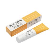 Kingfisher toothpaste tube and packaging on a white background