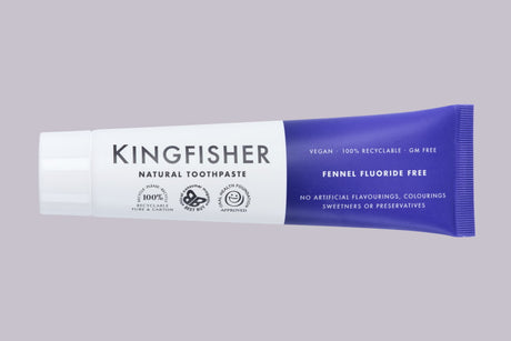 Kingfisher Fennel Fluoride Free natural toothpaste tube in white and blue packaging.