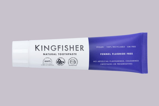 Kingfisher Fennel Fluoride Free natural toothpaste tube in white and blue packaging.