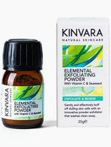 Kinvara Elemental Exfoliating Powder packaging with a small bottle on a white background