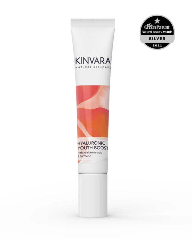Kinvara Hyaluronic Youth Boost skincare tube with a 2021 silver beauty award logo.