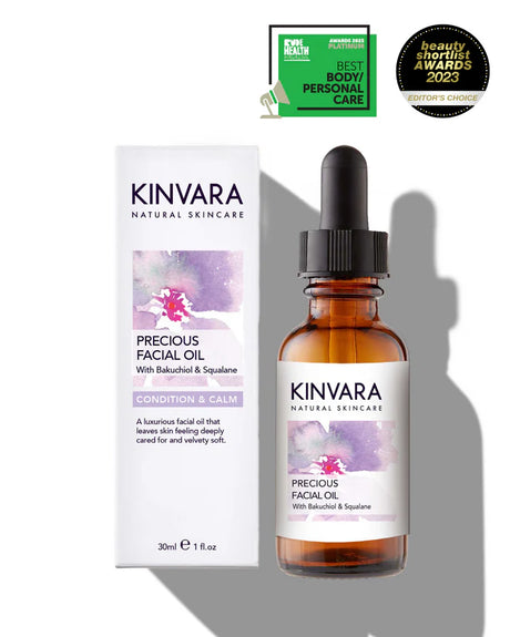 Kinvara Precious Facial Oil bottle and box with 2023 beauty award logos.