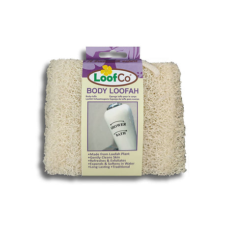 LoofCo Body Loofah, a traditional, long-lasting bath sponge made from the loofah plant, designed to gently cleanse, refresh, and exfoliate the skin by expanding and softening in water.