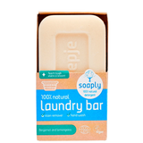 Soaply 100% natural laundry bar for stain removal and hand washing, featuring a bergamot and lemongrass scent, certified vegan and Ecocert.