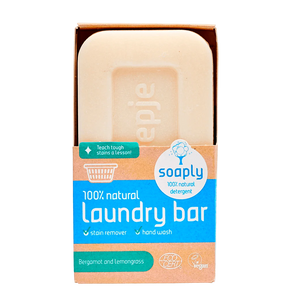 Soaply 100% natural laundry bar for stain removal and hand washing, featuring a bergamot and lemongrass scent, certified vegan and Ecocert.